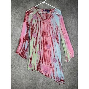 Phool‎ Beaded Embroidered Tie Dye Sheer Asymmetrical Tunic Top Womens Small Boho